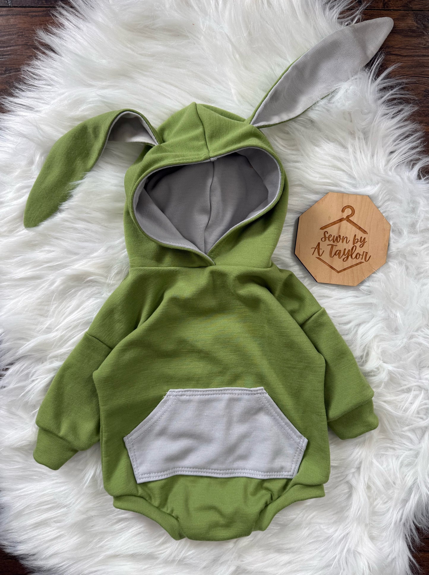 Bunny Romper, Avocado Wool Jersey, 3-6m