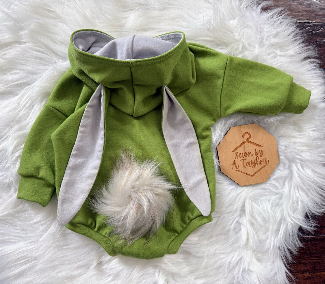 Bunny Romper, Avocado Wool Jersey, 3-6m