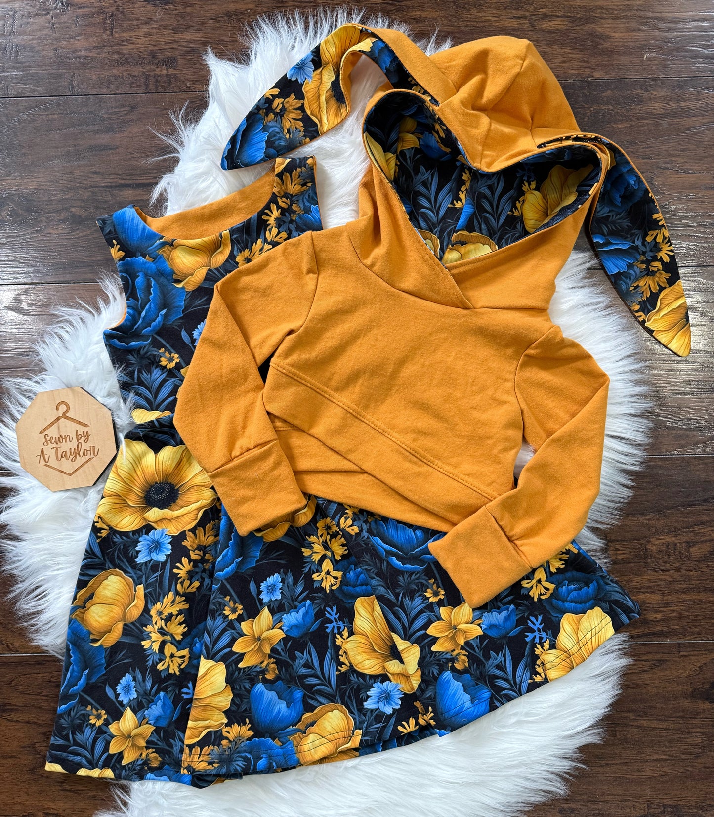 GWM Bunny Dress and Cropped Hoodie Set, Mustard Blue Floral, 3T-6