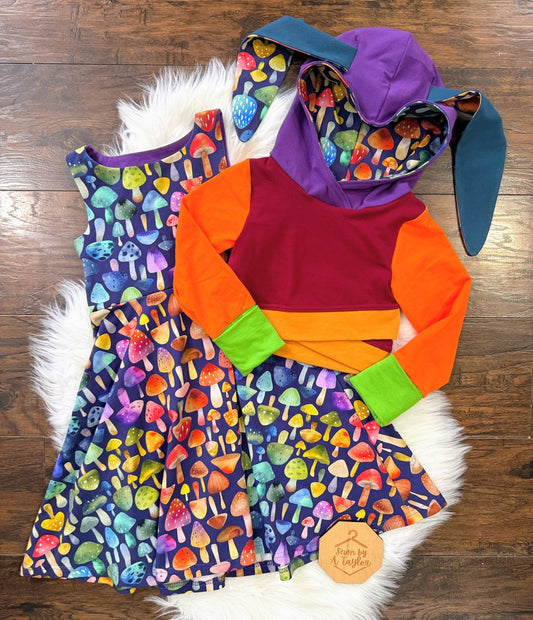 GWM Bunny Dress and Cropped Hoodie Set, Rainbow Mushrooms, 6-9Y