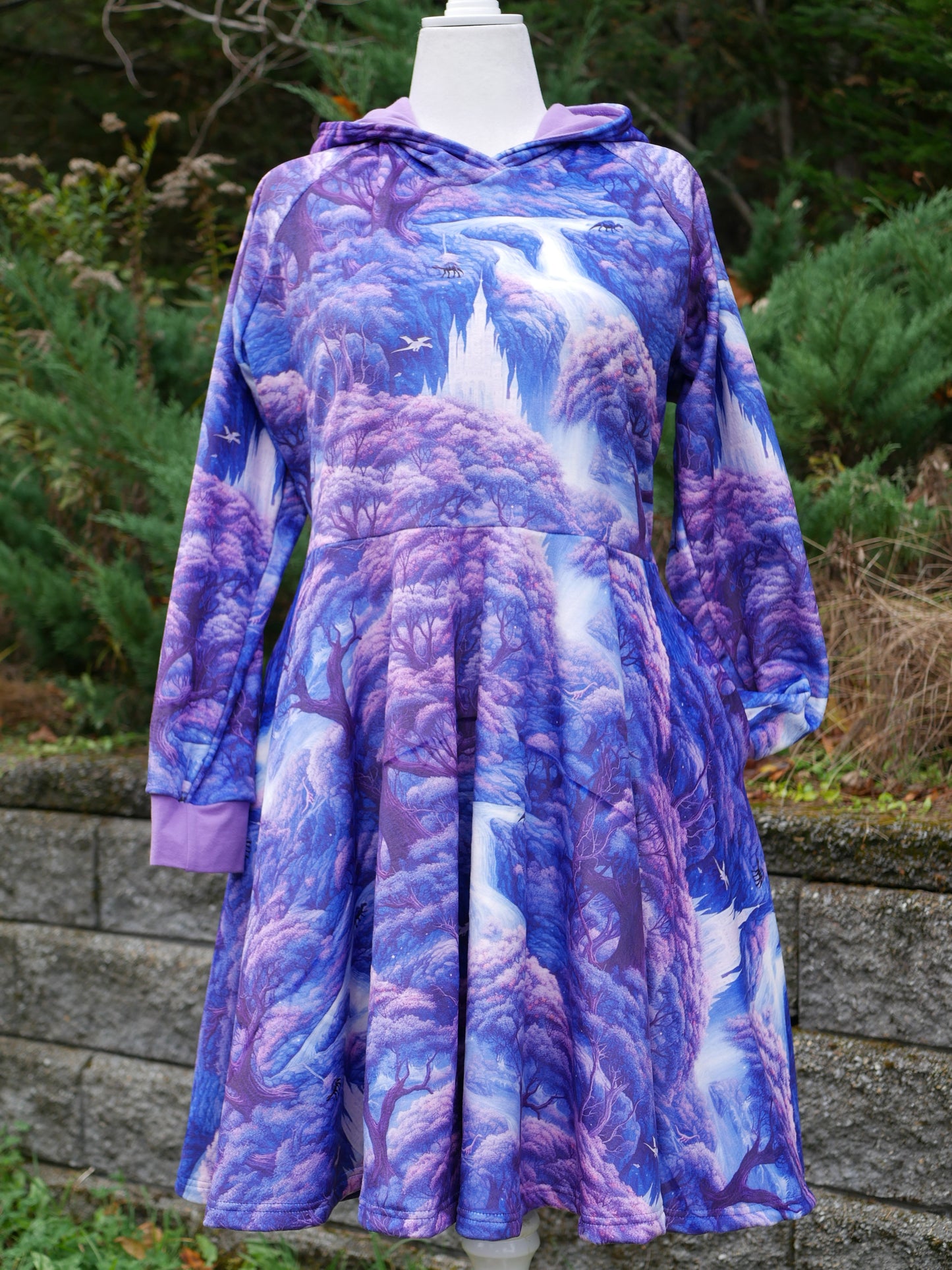 Women’s Purple Magic Dino Castle Forest Enchanted Hooded Dress, Squish