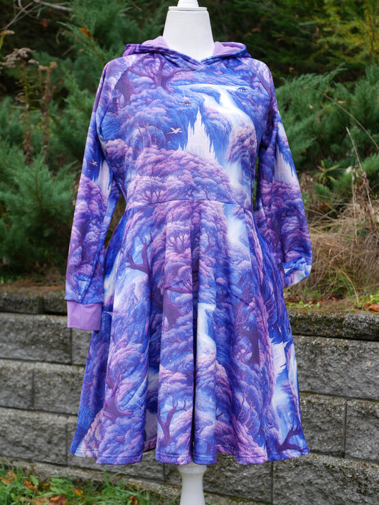 Women’s Purple Magic Dino Castle Forest Enchanted Hooded Dress, Squish