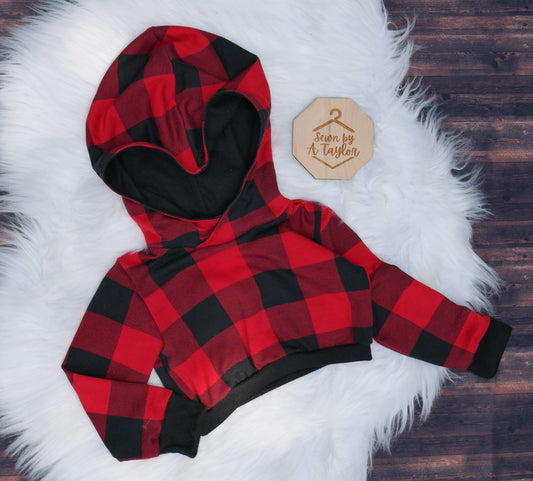 Cropped Hoodie, Red Buffalo Plaid, 3T