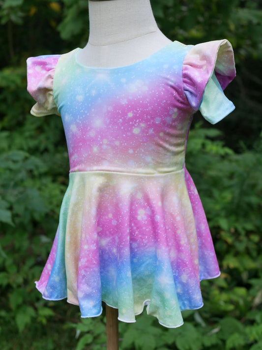 Pastel Rainbow Peplum Top with sleeve flutters, 2T